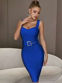 素色腰帶繃帶緊身洋裝 - 寶藍色 - 查看 1