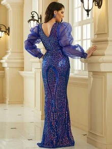 Missord 拼接網紗燈籠袖亮片正式連衣裙 - 藍色 - 查看 2