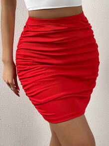 SHEIN Privé Falda ajustada de talle alto fruncido - Rojo - Ver 1