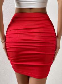 SHEIN Privé Falda ajustada de talle alto fruncido - Rojo - Ver 2