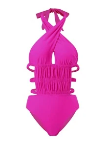 Swim Vcay Summer Beach Cut Out Halter One Piece Swimsuit - Hot Pink - View 3