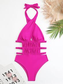 Swim Vcay Summer Beach Cut Out Halter One Piece Swimsuit - Hot Pink - View 5