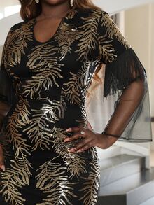 seomiscky Plus Sequin Decor Flounce Sleeve Mermaid Hem Formal Dress - Black - View 4