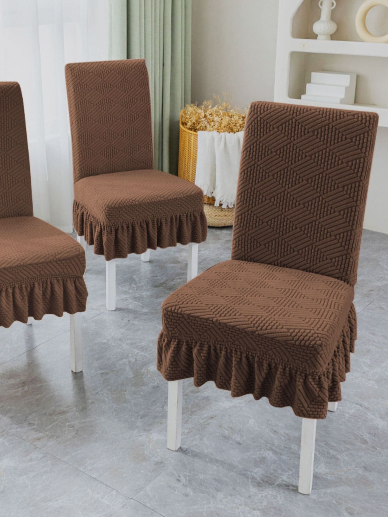 1件 跨境提花 万能餐椅套 通用弹力 防尘 防猫爪 椅套 靠背一体式 裙边椅套 - 駝色 - 查看 1