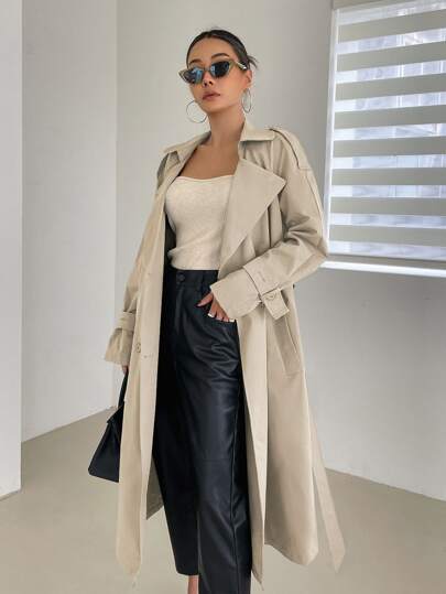 DAZY Business Casual Style Solid Color Double-Breasted Trench Coat