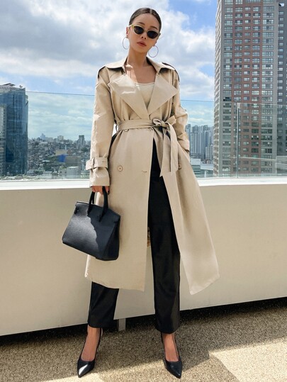 DAZY Business Casual Style Solid Color Double-Breasted Trench Coat