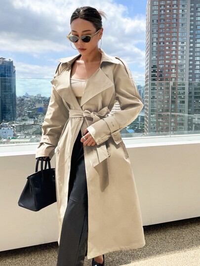 DAZY Business Casual Style Solid Color Double-Breasted Trench Coat