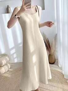 Vestido de punto unicolor tejido de canalé - Beis - Ver 3