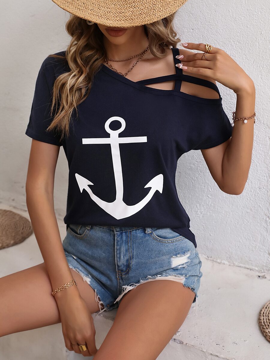 SHEIN LUNE Anchor Print Asymmetrical Neck Tee Graphic Tees Women Tops - Navy Blue - View 1