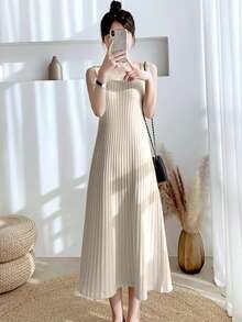 Vestido de punto unicolor tejido de canalé - Beis - Ver 5