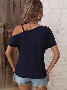 SHEIN LUNE Anchor Print Asymmetrical Neck Tee Graphic Tees Women Tops - Navy Blue - View 2