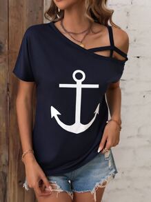 SHEIN LUNE Anchor Print Asymmetrical Neck Tee Graphic Tees Women Tops - Navy Blue - View 3