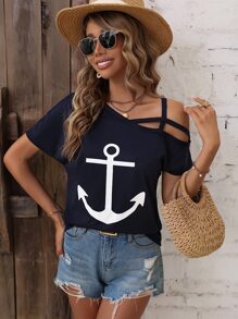 SHEIN LUNE Anchor Print Asymmetrical Neck Tee Graphic Tees Women Tops - Navy Blue - View 4