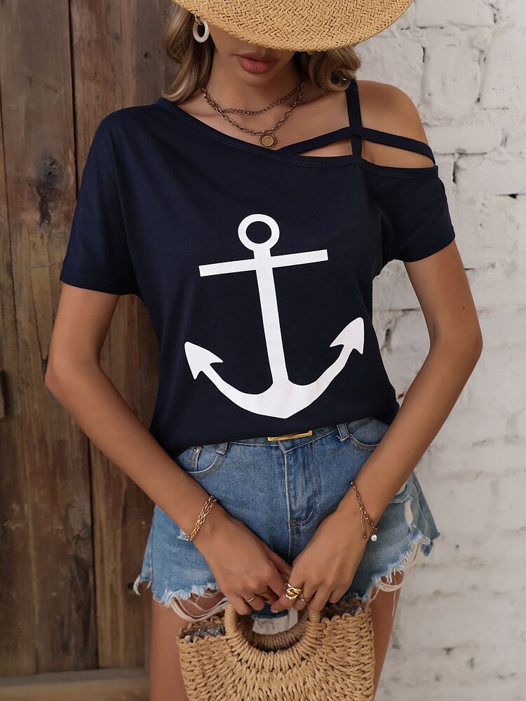 SHEIN LUNE Áo thun cổ tròn không đối xứng họa tiết mỏ neo Áo thun họa tiết cho nữ - Màu xanh hải quân - Xem 5