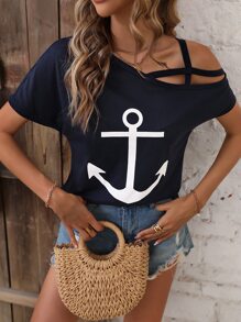 SHEIN LUNE Anchor Print Asymmetrical Neck Tee Graphic Tees Women Tops - Navy Blue - View 6
