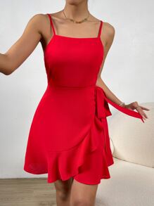 Chiquease Solid Ruffle Trim Wrap Knot Side Cami Dress - Red - View 1