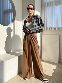 DAZY Solid Wide Leg Trousers - Brown - View 7