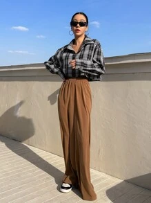 DAZY Solid Wide Leg Trousers - Brown - View 8