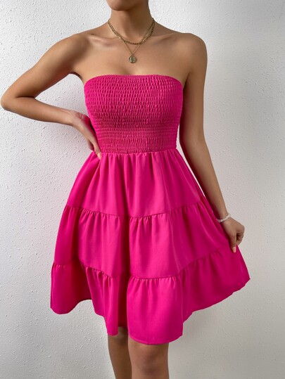 SHEIN LUNE Solid Ruffle Hem Tube Dress