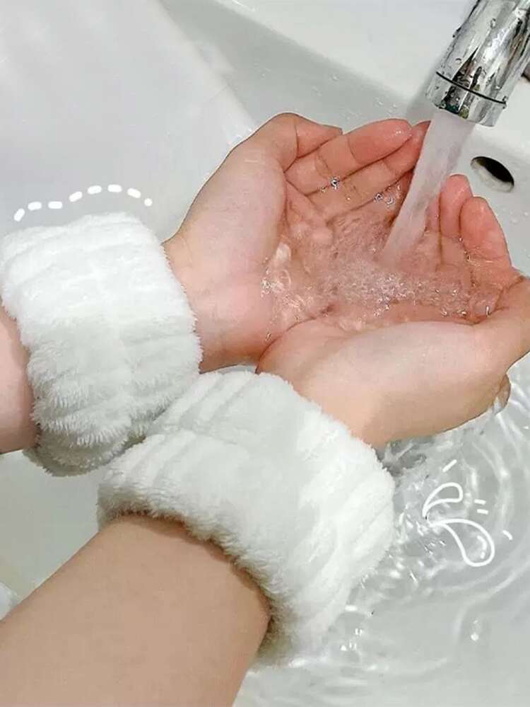 Muñequera de baño difusa sólida de 2 piezas, muñequeras de poliéster blancas simples para lavarse la cara - Blanco - Añade 1