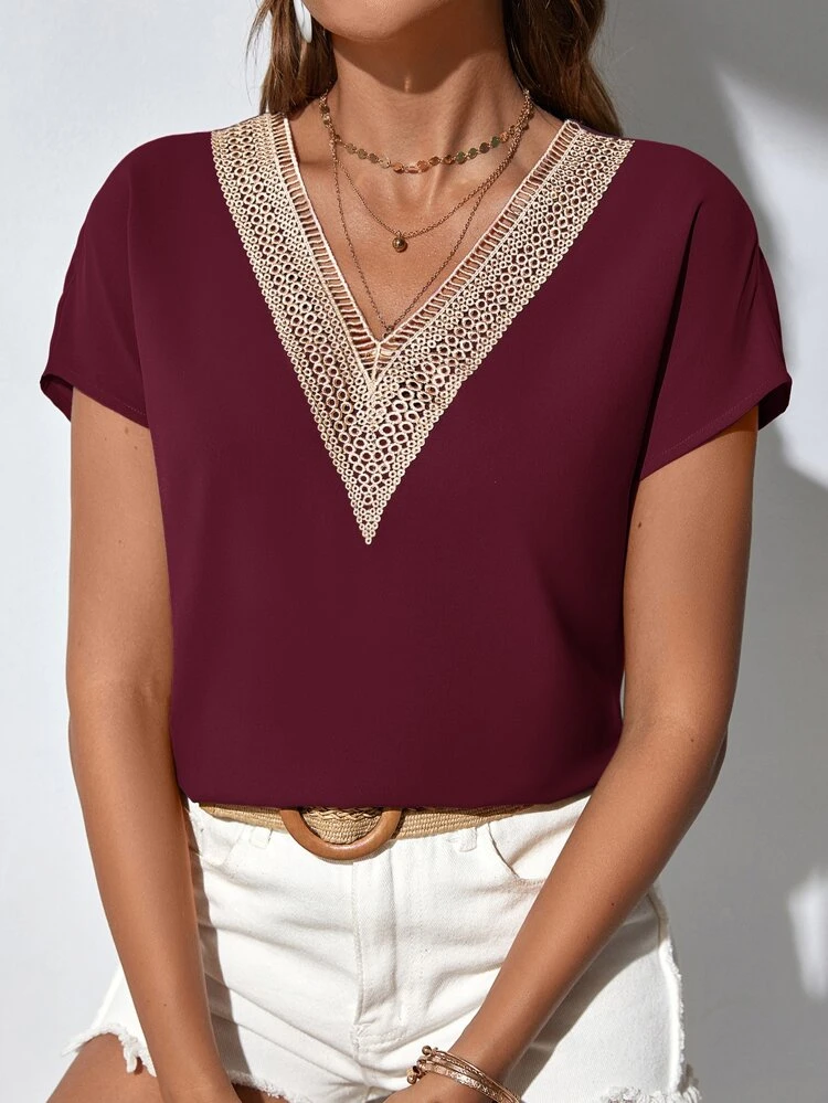 Contrast Guipure Lace Dolman Sleeve Blouse,Short Sleeve Tops