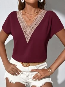 SHEIN Clasi 对比色凸纹蕾丝蝙蝠袖衬衫、短袖上衣