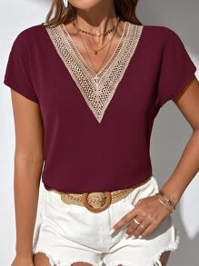 SHEIN Clasi 对比色凸纹蕾丝蝙蝠袖衬衫、短袖上衣