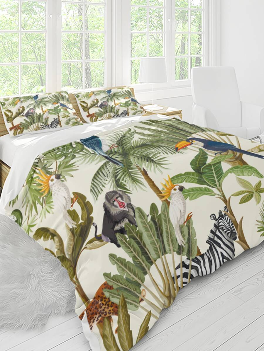 3 cái/bộ Bộ vỏ chăn họa tiết động vật & nhiệt đới không có chất độn, Bộ vỏ chăn vải hiện đại (1 vỏ chăn, 2 vỏ gối), dành cho gia đình - Nhiều màu - Xem 1