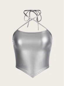 SHEIN ICON Bikercore Áo hai dây Kim loại Chất rắn chất liệu da PU Viền khăn tay - Bạc - Xem 1