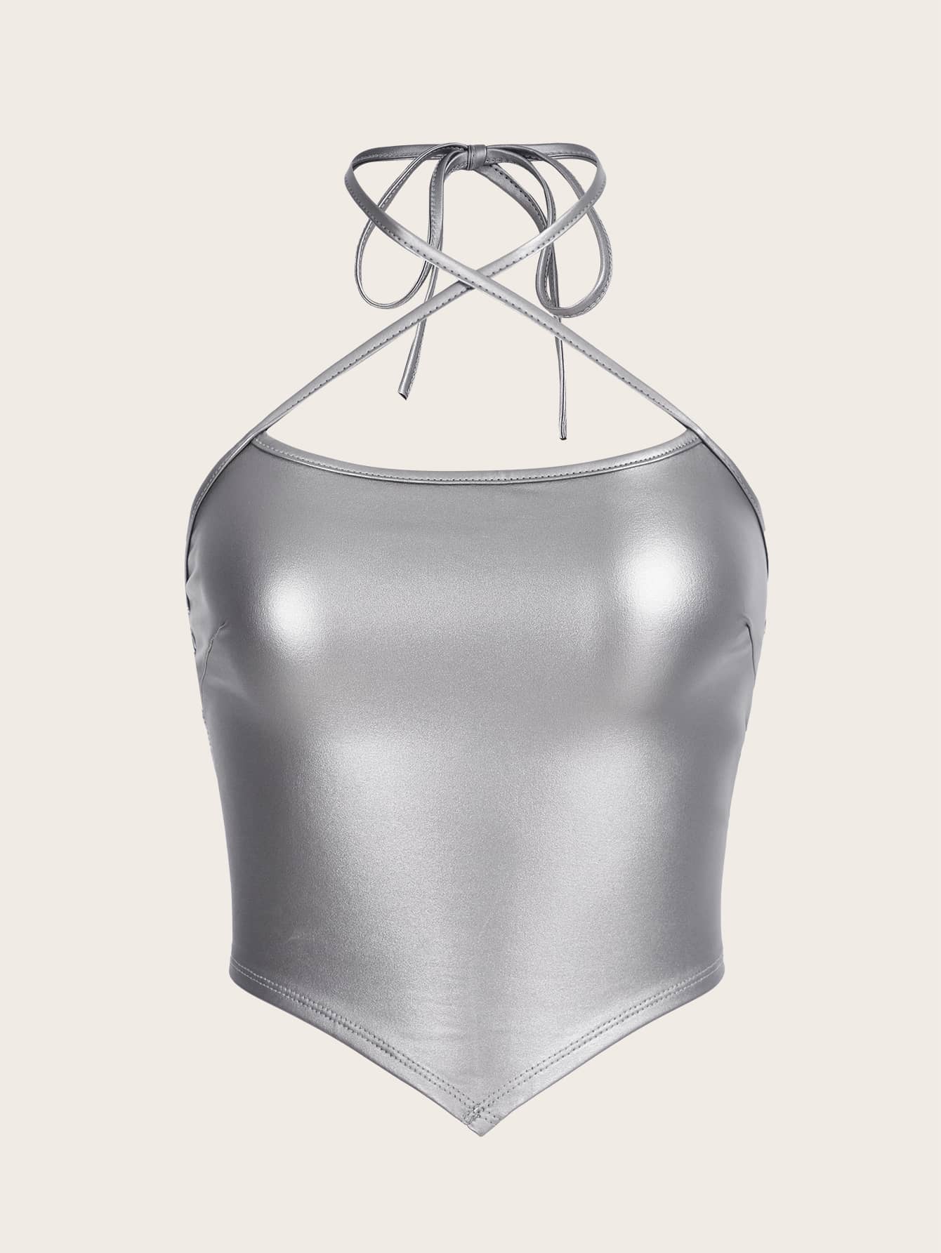 SHEIN ICON Bikercore Áo hai dây Kim loại Chất rắn chất liệu da PU Viền khăn tay - Bạc - Xem 1