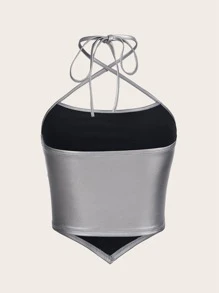 SHEIN ICON Bikercore Áo hai dây Kim loại Chất rắn chất liệu da PU Viền khăn tay - Bạc - Xem 2