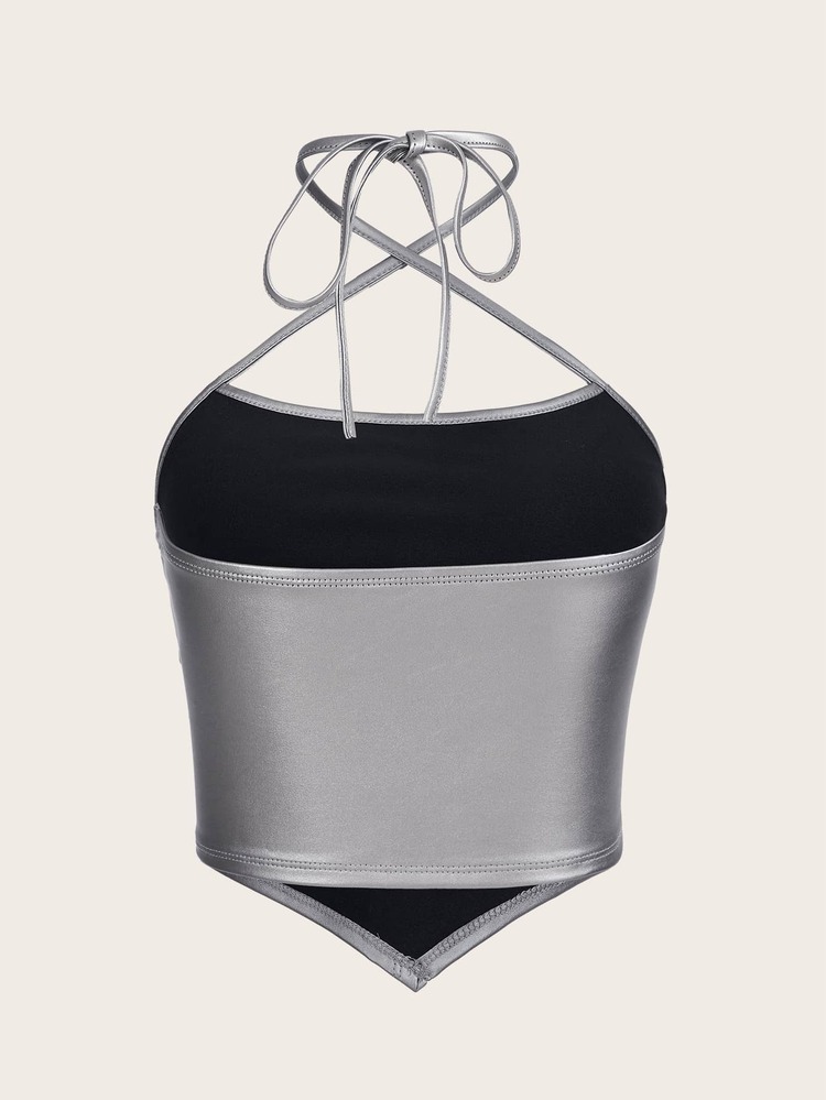 SHEIN ICON Bikercore金屬質感素色PU皮革手帕下擺掛脖上衣 - 銀色 - 查看 2