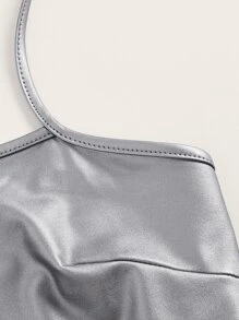 SHEIN ICON Bikercore Áo hai dây Kim loại Chất rắn chất liệu da PU Viền khăn tay - Bạc - Xem 4