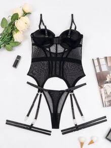 Mesh Garter Bustier Set With Oversleeves - Black - View 2