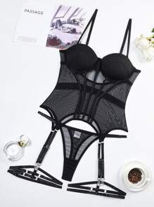 Mesh Garter Bustier Set With Oversleeves - Black - View 3