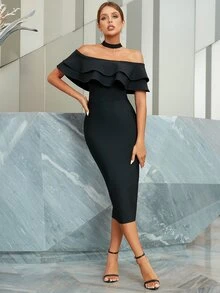 繞頸荷葉邊緊身連衣裙 - 黑色 - 查看 7