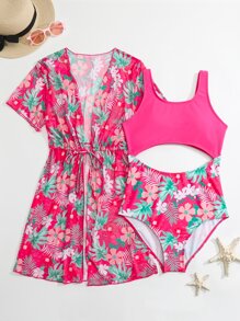 SHEIN Teen Girls Tropical Print Cut Out One Piece Swimsuit With Kimono Matching Set - Pink - View 1