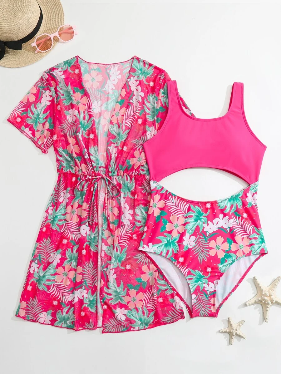 SHEIN Teen Girls Tropical Print Cut Out One Piece Swimsuit With Kimono Matching Set - Pink - View 1