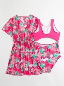 SHEIN Teen Girls Tropical Print Cut Out One Piece Swimsuit With Kimono Matching Set - Pink - View 2