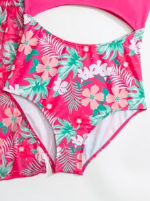 SHEIN Teen Girls Tropical Print Cut Out One Piece Swimsuit With Kimono Matching Set - Pink - View 3