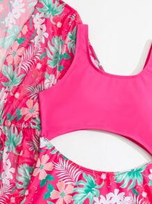SHEIN Teen Girls Tropical Print Cut Out One Piece Swimsuit With Kimono Matching Set - Pink - View 4