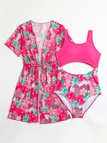 SHEIN Teen Girls Tropical Print Cut Out One Piece Swimsuit With Kimono Matching Set - Pink - View 5