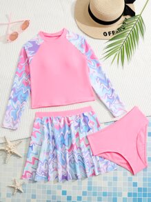 Tween Girl Marble Print High Neck Rashguard With Beach Skirt Summer Beach - Multicolor - View 1
