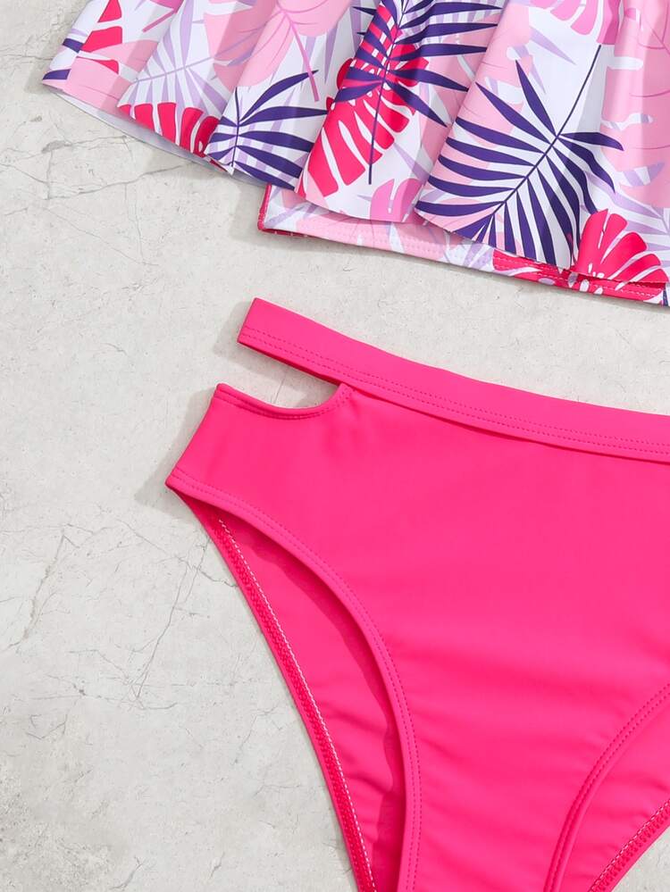 SHEIN Bộ bikini cut out in nhiệt đới dành cho các cô gái tuổi teen đi biển mùa hè - Hồng - Xem 4