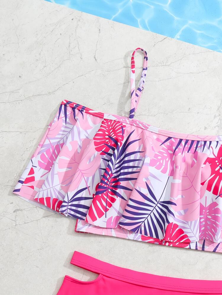 SHEIN Bộ bikini cut out in nhiệt đới dành cho các cô gái tuổi teen đi biển mùa hè - Hồng - Xem 5