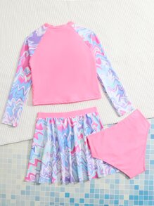Tween Girl Marble Print High Neck Rashguard With Beach Skirt Summer Beach - Multicolor - View 2