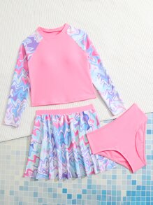 Tween Girl Marble Print High Neck Rashguard With Beach Skirt Summer Beach - Multicolor - View 4