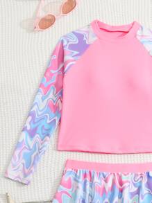 Tween Girl Marble Print High Neck Rashguard With Beach Skirt Summer Beach - Multicolor - View 5