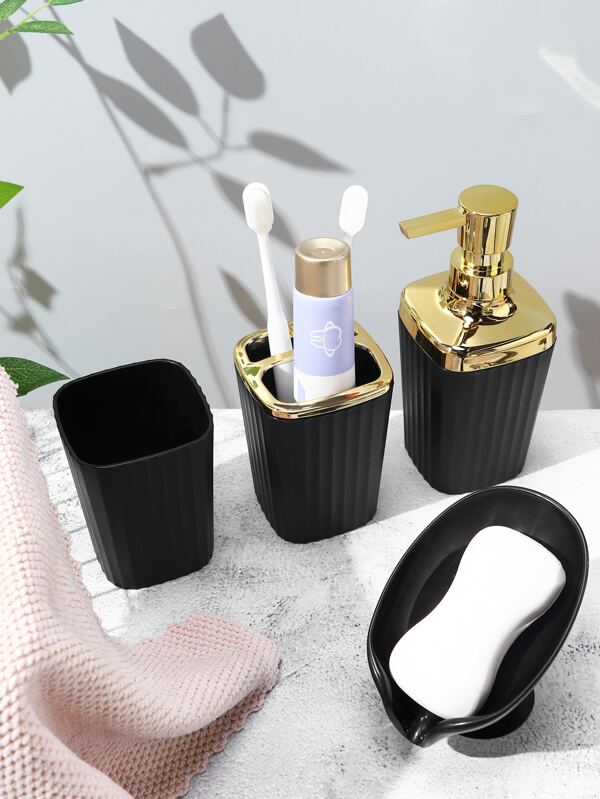 4pcs Lotion Dispenser & Soap Dish & Gargle Cup Set, Black Simple Bath