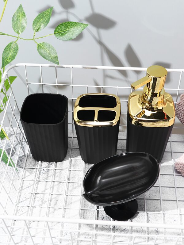 4pcs Lotion Dispenser & Soap Dish & Gargle Cup Set, Black Simple Bath